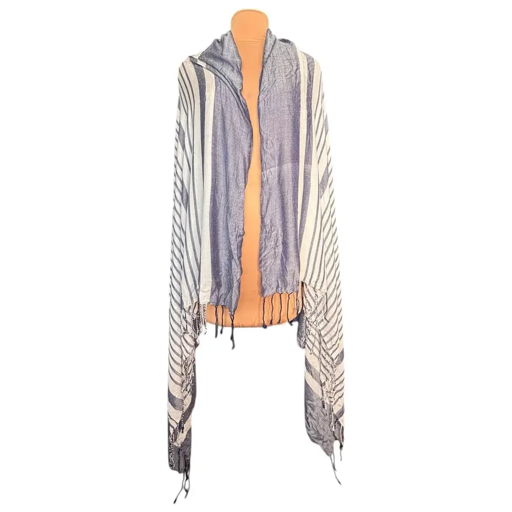 Blue White Striped Tassel Fringe Scarf Shawl Wrap‎ Lightweight Boho Coastal
